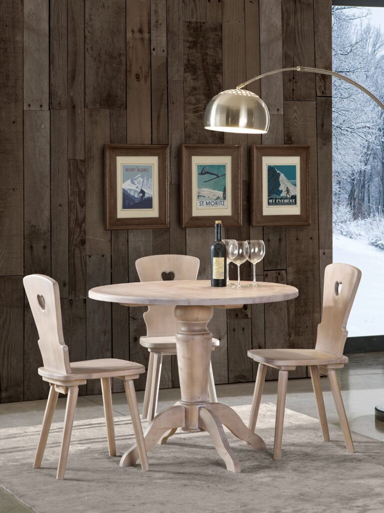 Tavolo rotondo in legno massello di abete con base a tronco centrale