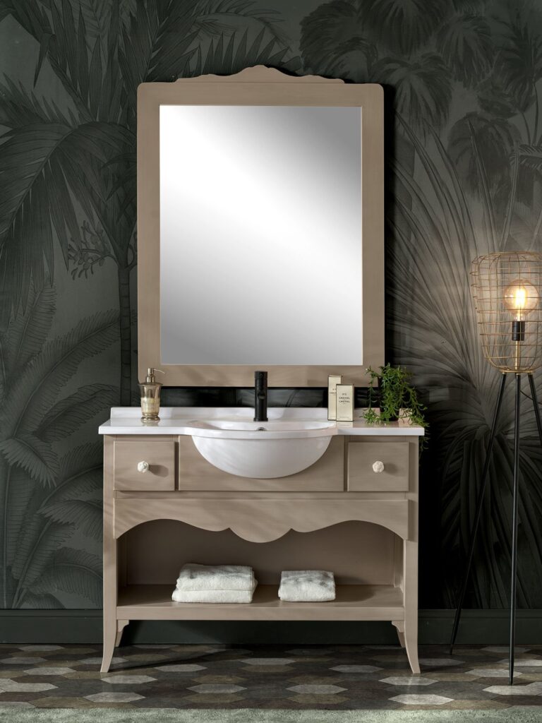 Mobile bagno 2 cassetti shabby chic in legno massello con top in mineral marmo